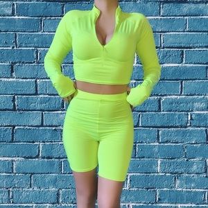 Neon yellow green biker short set zip up crop top